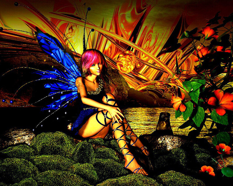 Fairy with Blue Wings — Fantasy, Sunset