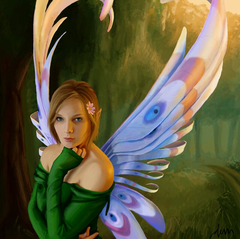 Fairy with Blue Wings — Green, Serene, Sunset