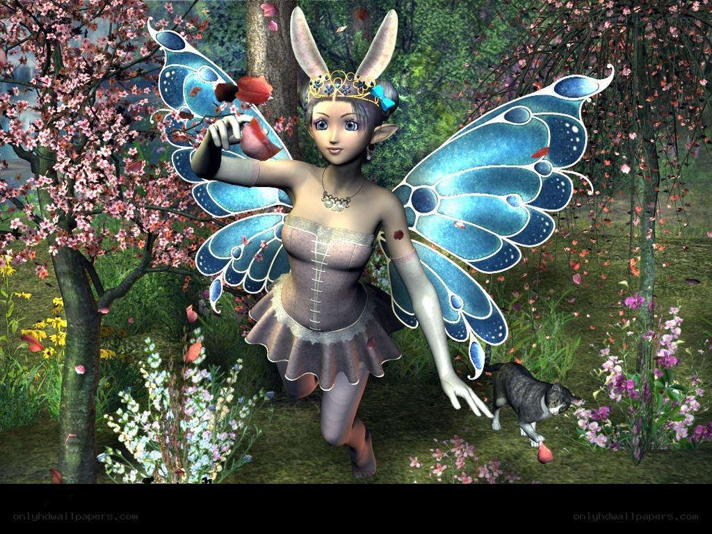fairy with blue wings in garden