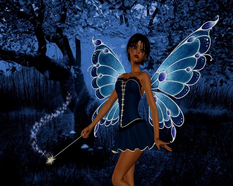 Fairy with Blue Wings — Mysterious, Night, 3d Render