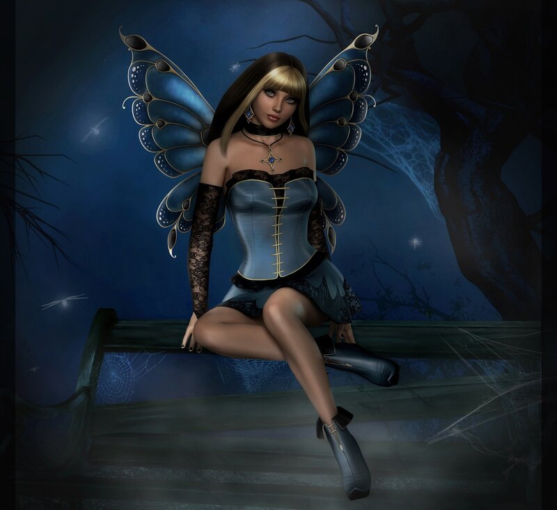 Fairy with Blue Wings — Mysterious, Night, Digital Art, Bench