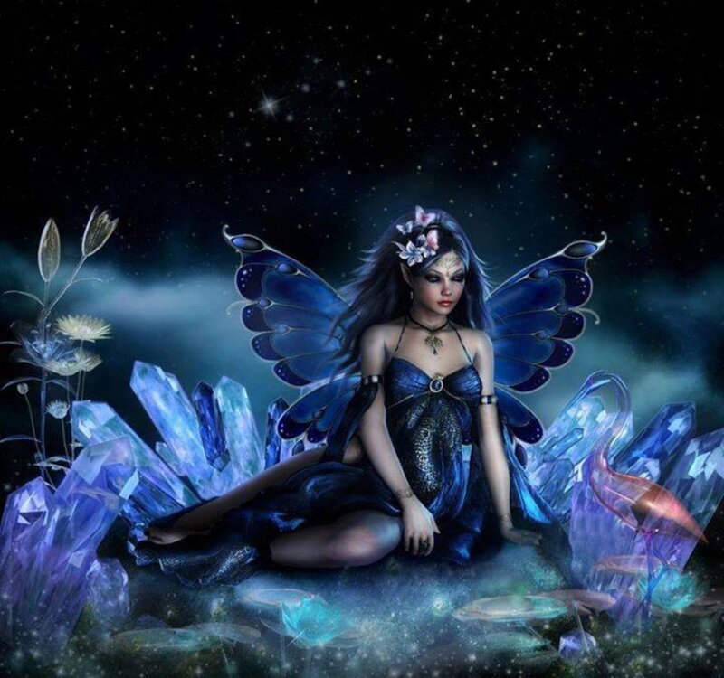 Fairy with Blue Wings — Mystical, Night, Digital Art, Crystals