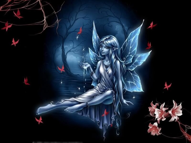 Fairy with Blue Wings — Mystical, Night, Digital Art, Red Butterflies