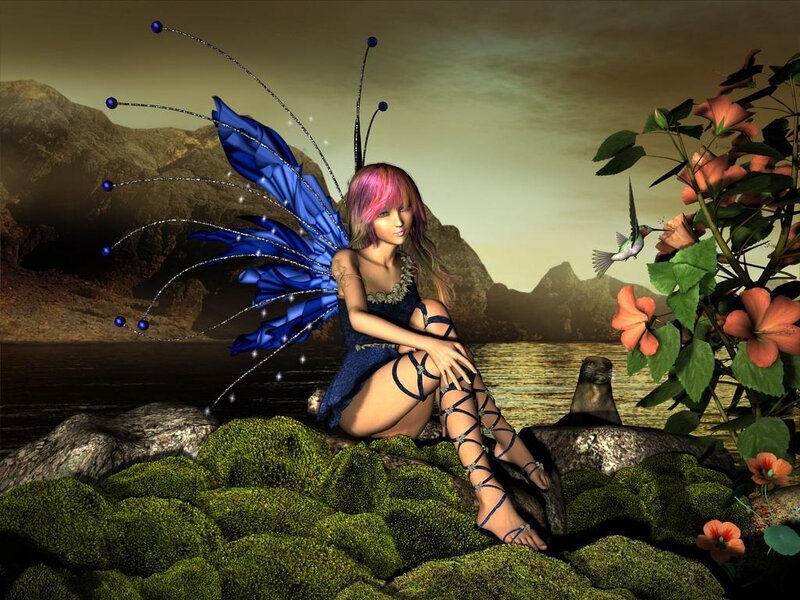 fairy with blue wings on moss