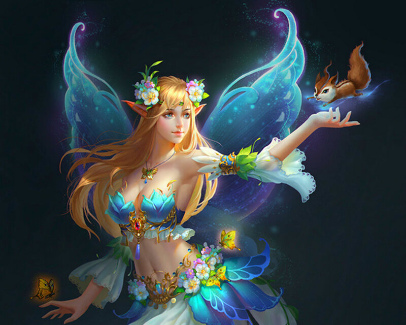 Fairy with Blue Wings — Serene, Night, Digital Art, Squirrel
