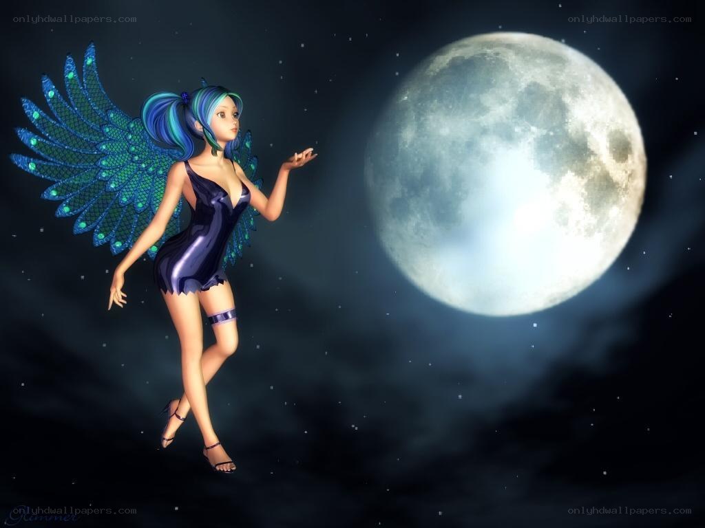 fairy with blue wings under moon