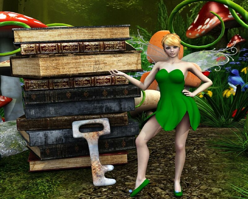fairy with books in forest