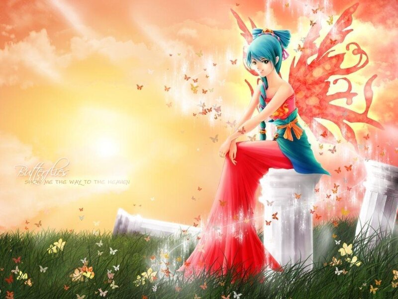 fairy with butterflies at sunset