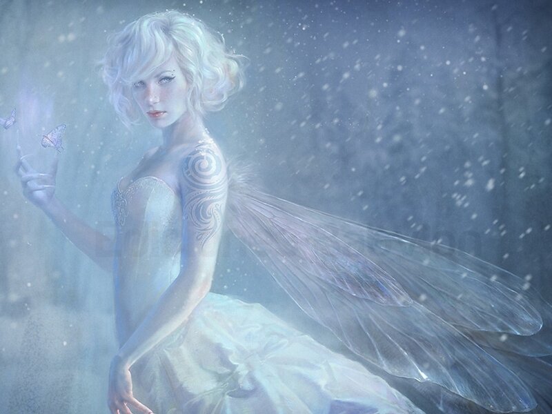 Fairy with Butterfly — White, Ethereal, Winter, Digital Art
