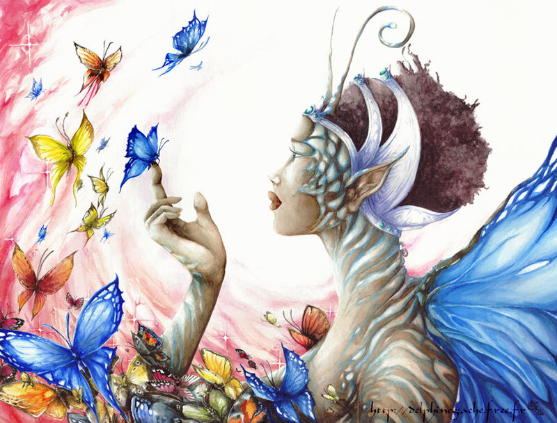 Fairy with Butterfly Wings — Blue, Serene, Digital Art