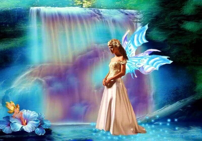 Fairy with Butterfly Wings — Blue, Serene, Digital Art, Waterfall