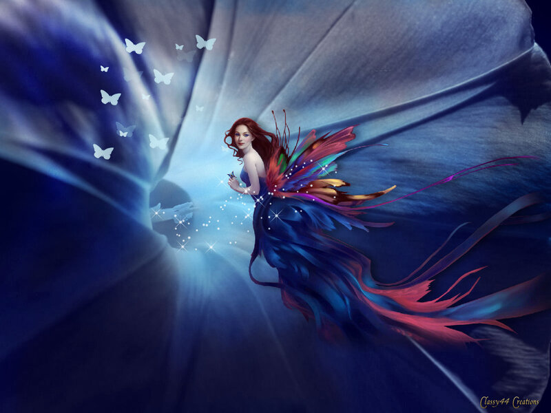 Fairy with Butterfly Wings — Blue, Serene, Night, Digital Art, Butterflies