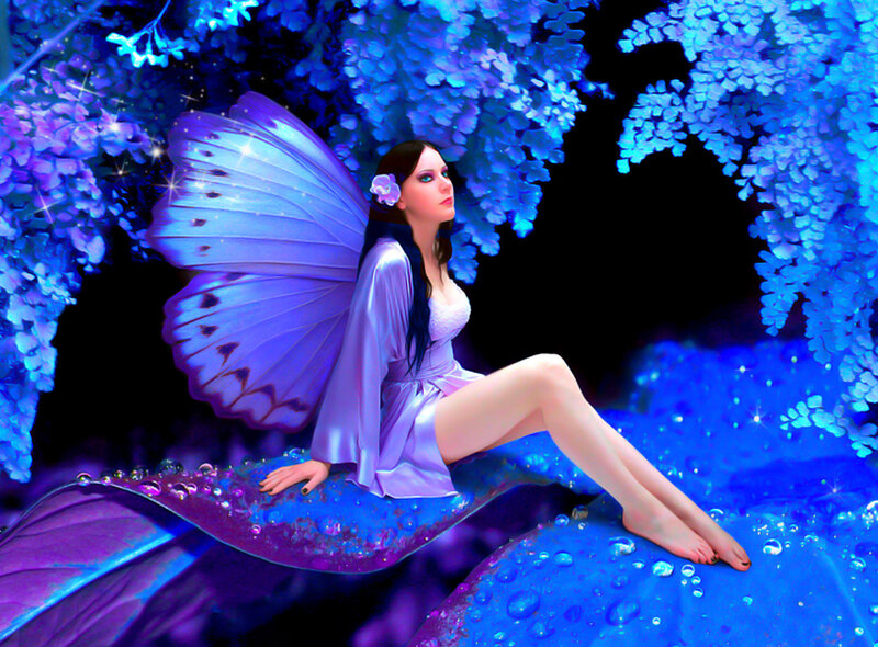 Fairy with Butterfly Wings — Blue, Serene, Night, Digital Art, Butterfly Wings