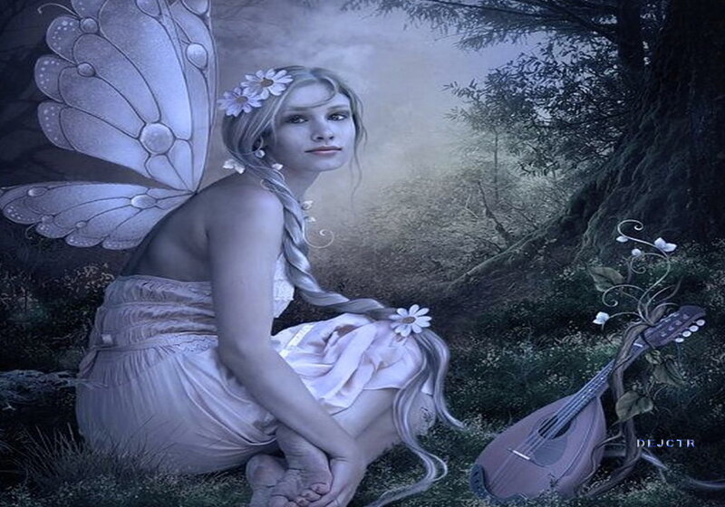 Fairy with Butterfly Wings — Blue, Serene, Night, Digital Art, Guitar