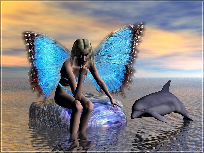 Fairy with Butterfly Wings — Blue, Serene, Sunset, 3d Render
