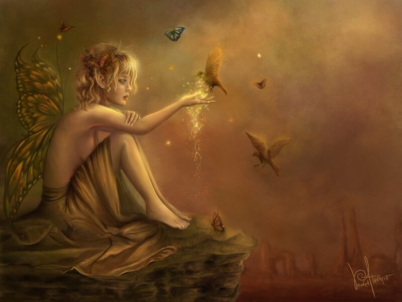 Fairy with Butterfly Wings — Brown, Serene, Sunset, Digital Art, Butterflies, Birds