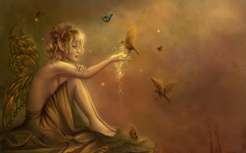 Fairy with Butterfly Wings — Brown, Serene, Sunset, Digital Art