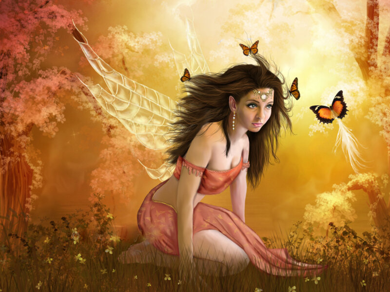 Fairy with Butterfly Wings — Gold, Serene, Sunset, Digital Art, Butterflies