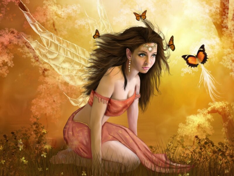 Fairy with Butterfly Wings — Gold, Serene, Sunset