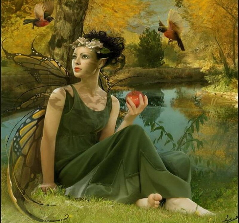 Fairy with Butterfly Wings — Green, Serene, Autumn, Digital Art