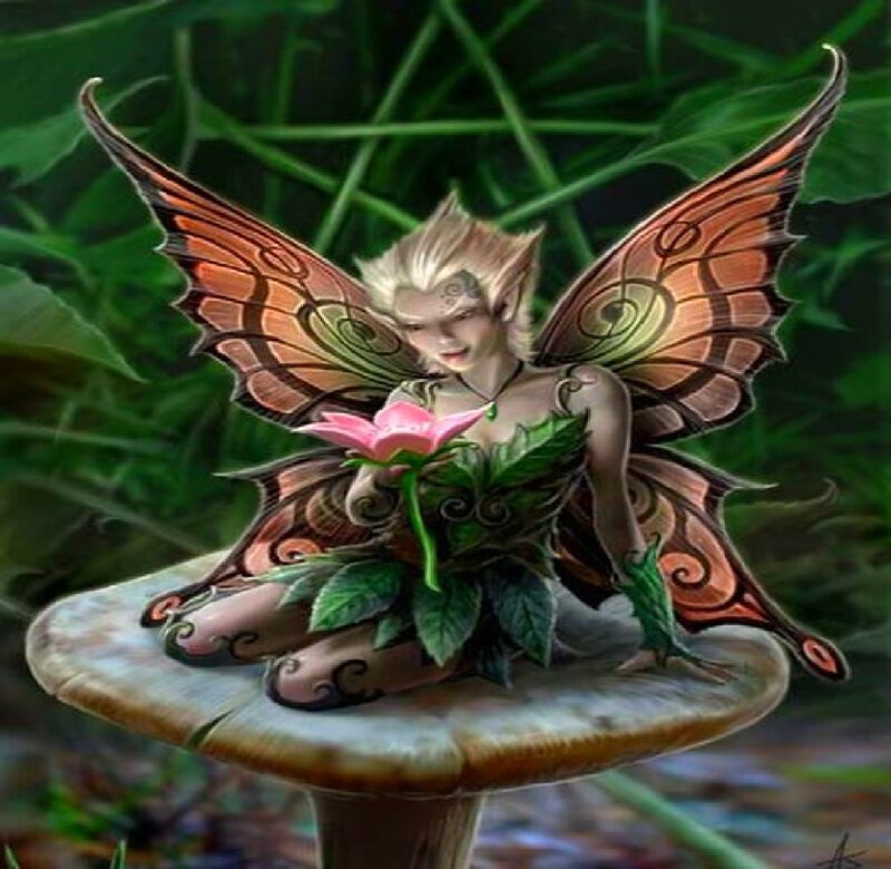 Fairy with Butterfly Wings — Green, Serene, Digital Art, Mushroom