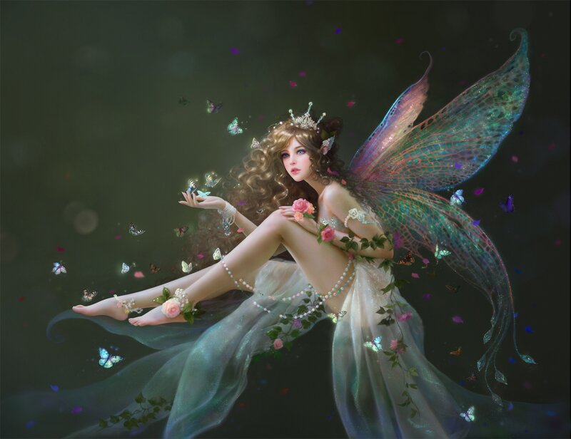 Fairy with Butterfly Wings — Green, Serene, Night, Digital Art, Butterflies