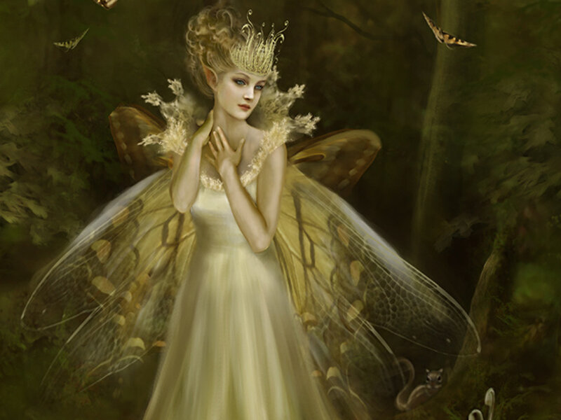 Fairy with Butterfly Wings — Green, Serene, Night, Digital Art, Forest, Crown