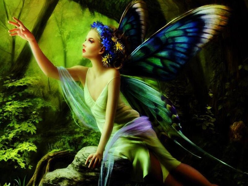 Fairy with Butterfly Wings — Green, Serene, Night, Digital Art, Forest, Flowers
