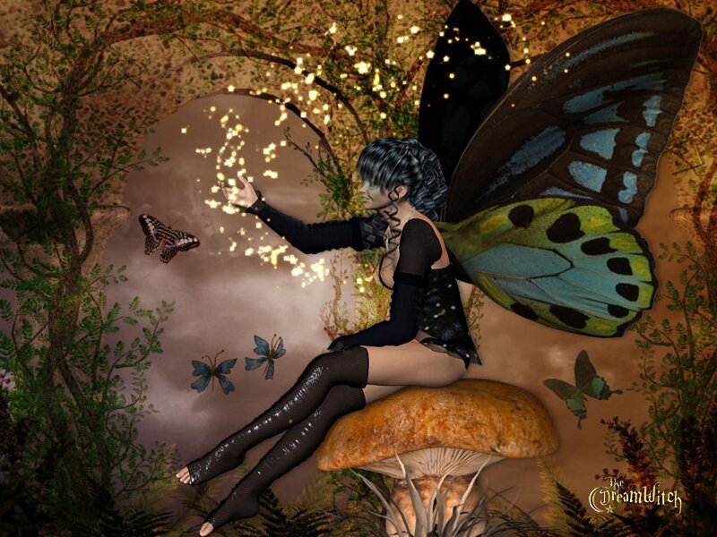 Fairy with Butterfly Wings — Green, Serene, Night, Digital Art, Mushroom