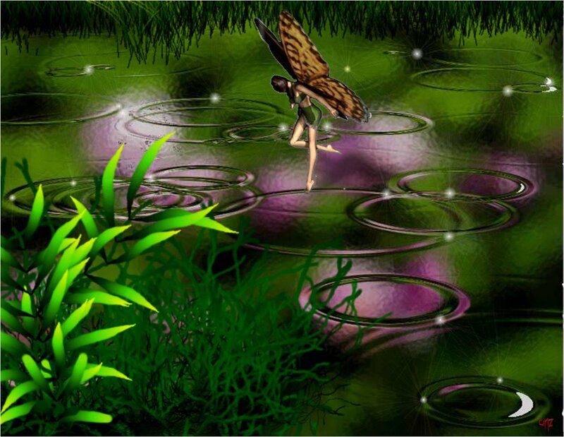 Fairy with Butterfly Wings — Green, Serene, Night, Digital Art, Pond