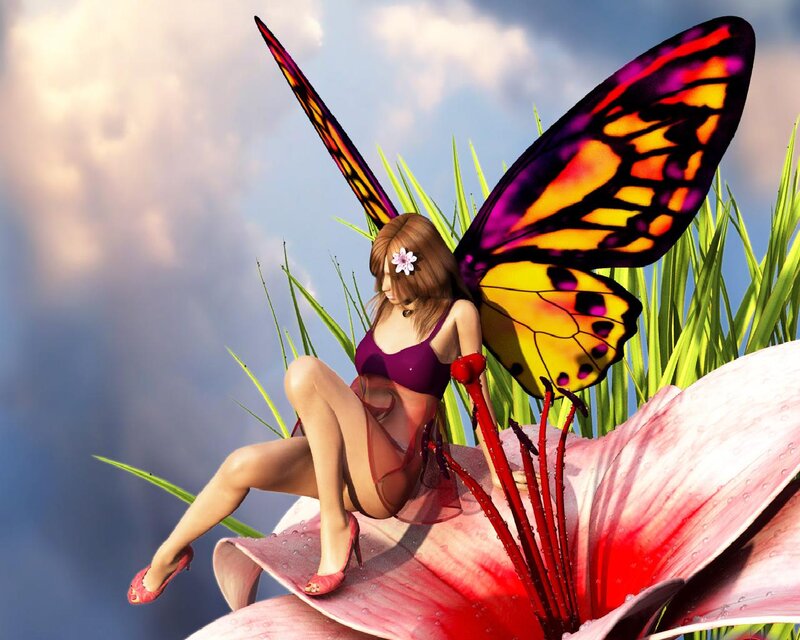 Fairy with Butterfly Wings — Pink, Serene, Afternoon