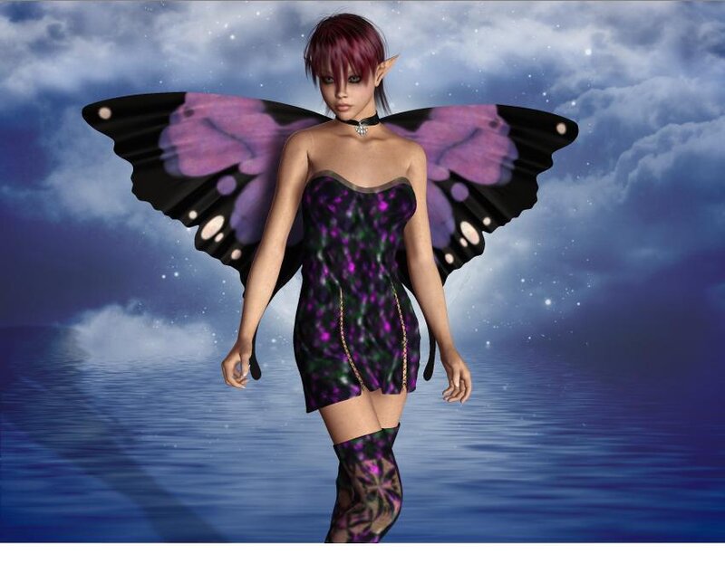 Fairy with Butterfly Wings — Purple, Serene, Night, 3d Render