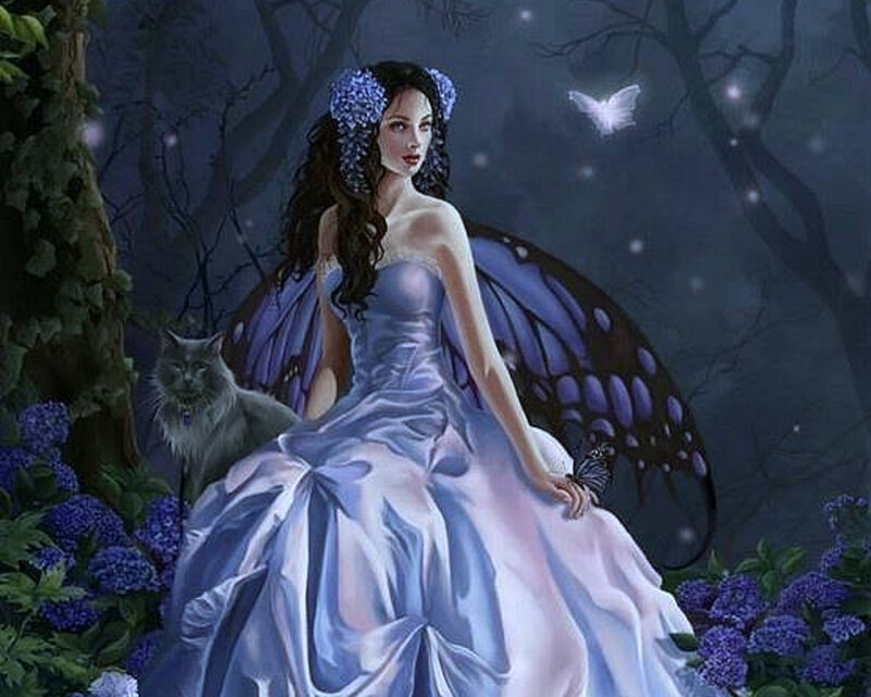 Fairy with Butterfly Wings — Purple, Serene, Night, Digital Art, Cat