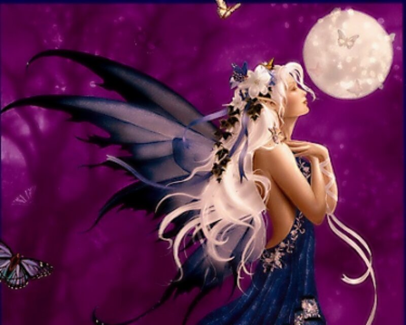 Fairy with Butterfly Wings — Purple, Serene, Night, Digital Art, Moon