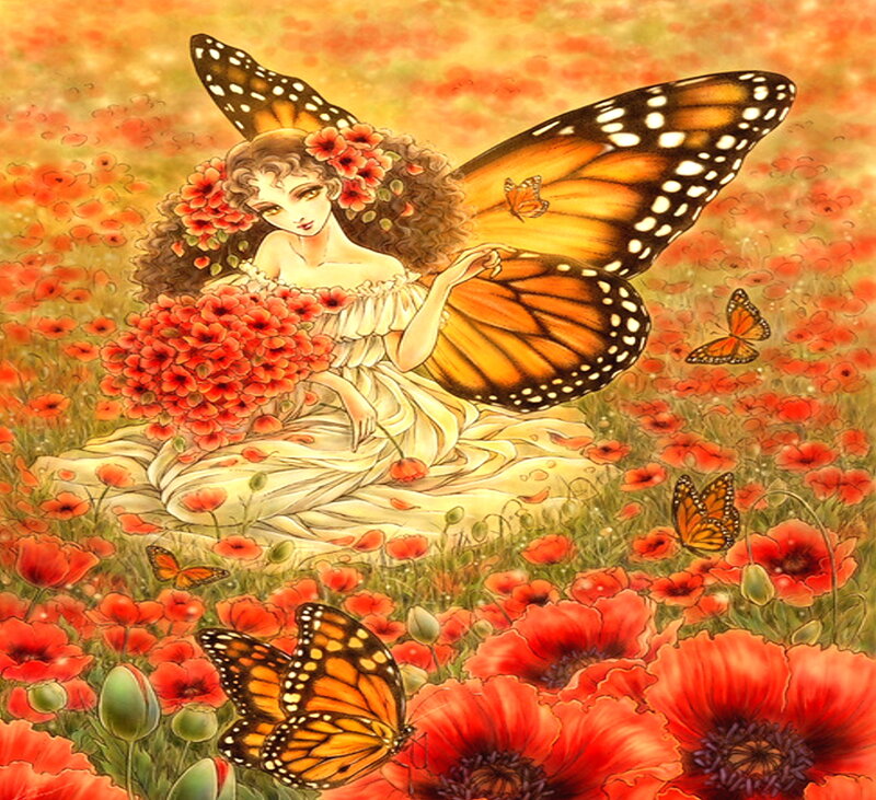 Fairy with Butterfly Wings — Red, Serene, Afternoon