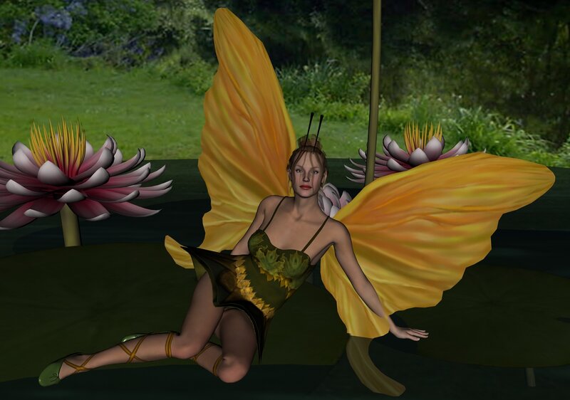 Fairy with Butterfly Wings — Yellow, Serene, Afternoon, 3d Render