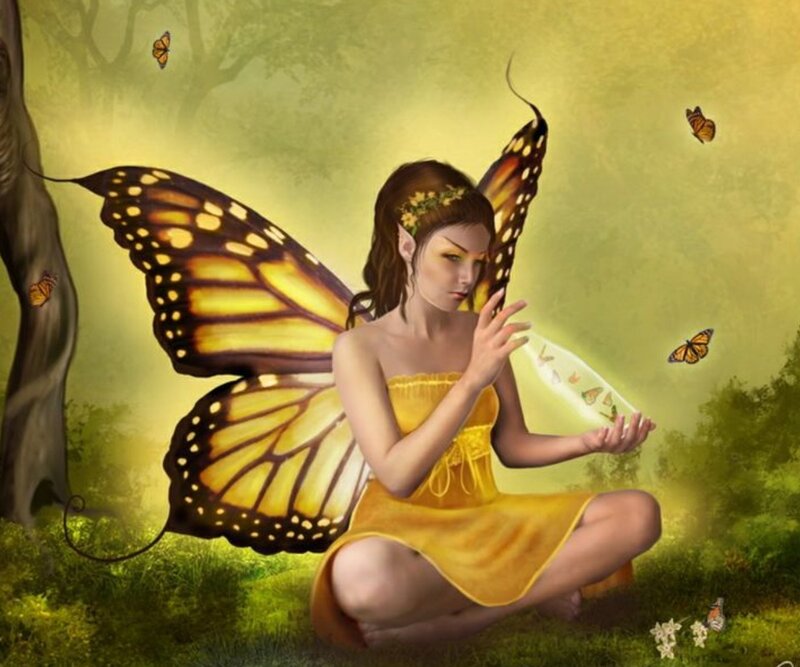 Fairy with Butterfly Wings — Yellow, Serene, Afternoon, Digital Art