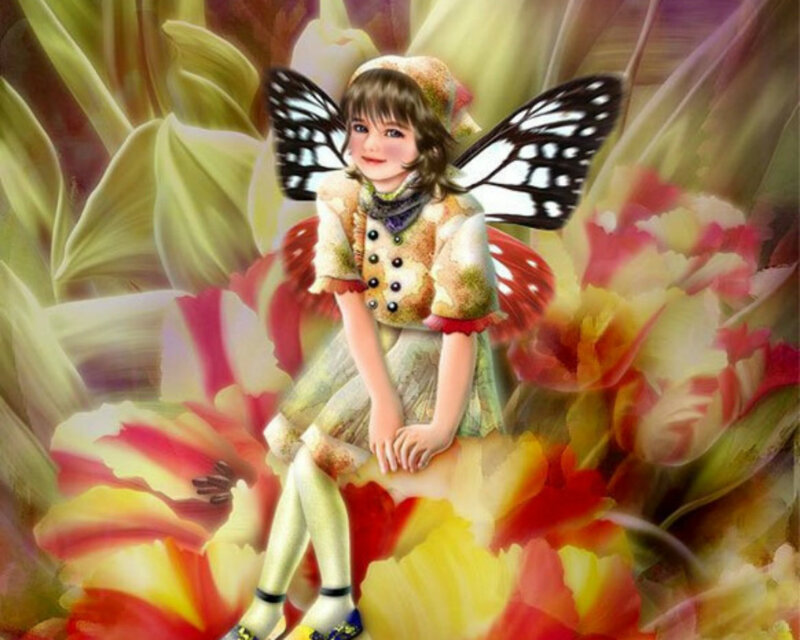 Fairy with Butterfly Wings — Yellow, Whimsical, Digital Art
