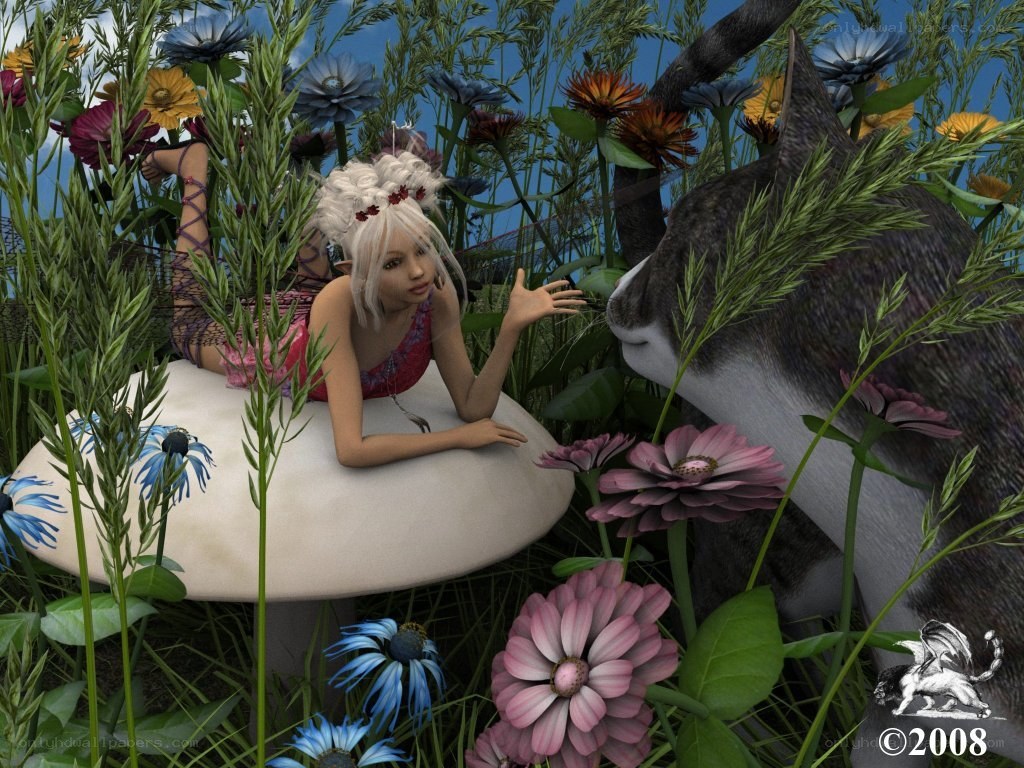 fairy with cat in garden