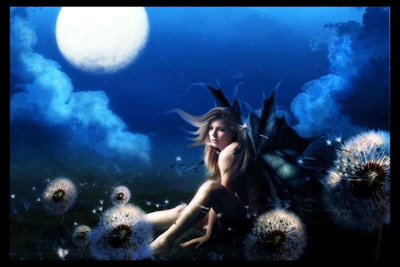 Fairy with dandelions under moonlight