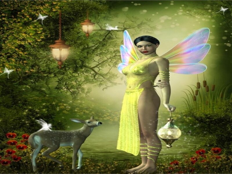Fairy with Deer — Green, Serene, Night, Digital Art