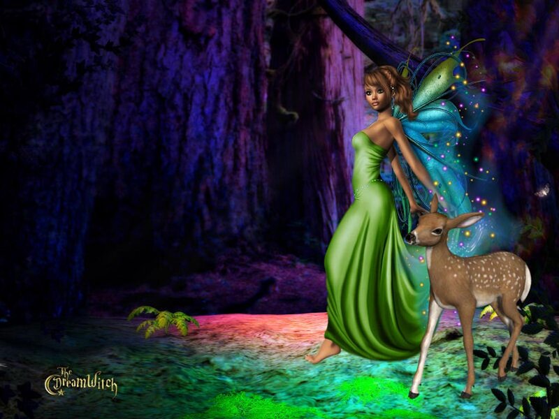 Fairy with Deer — Green, Serene, Night