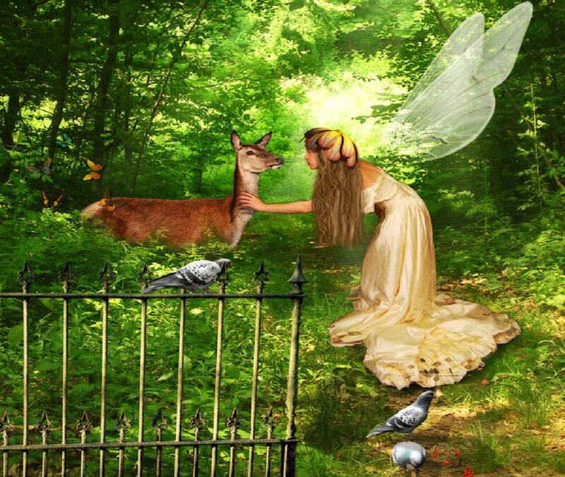 Fairy with Deer — Green, Serene