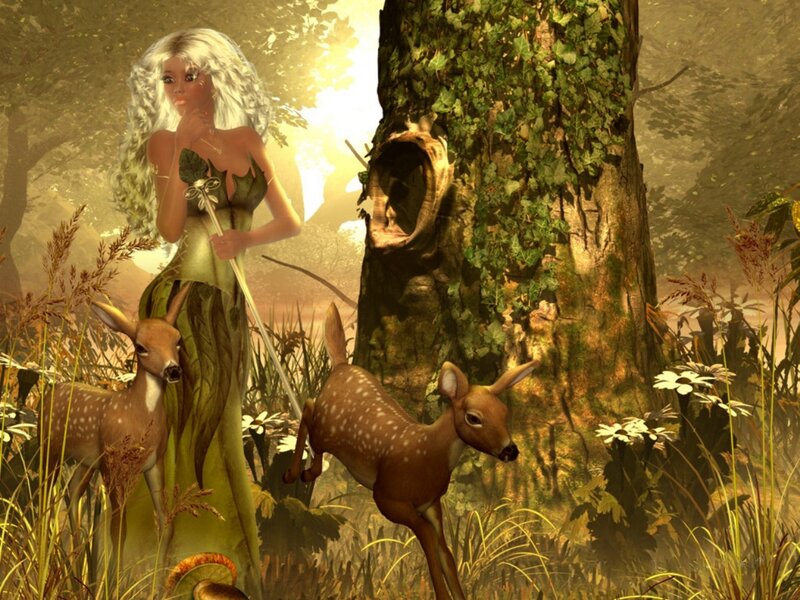 Fairy with Deer in Forest — Green, Serene, Afternoon