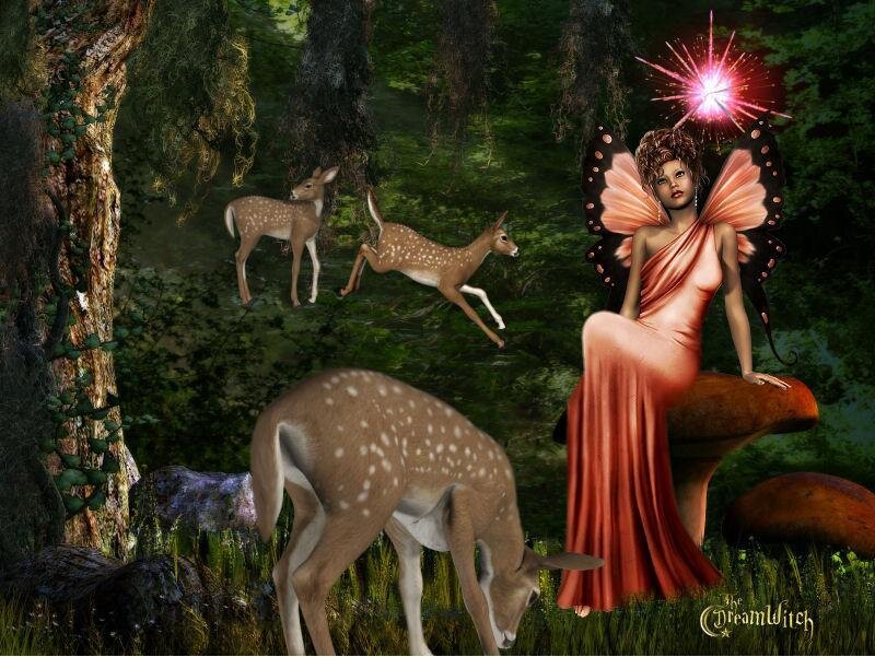 Fairy with Deer in Forest — Green