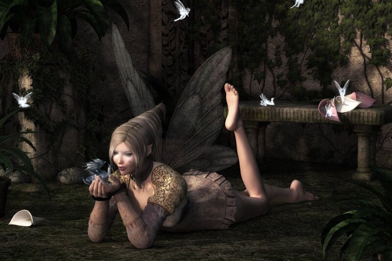 Fairy with Dragon — Green, Serene, Night