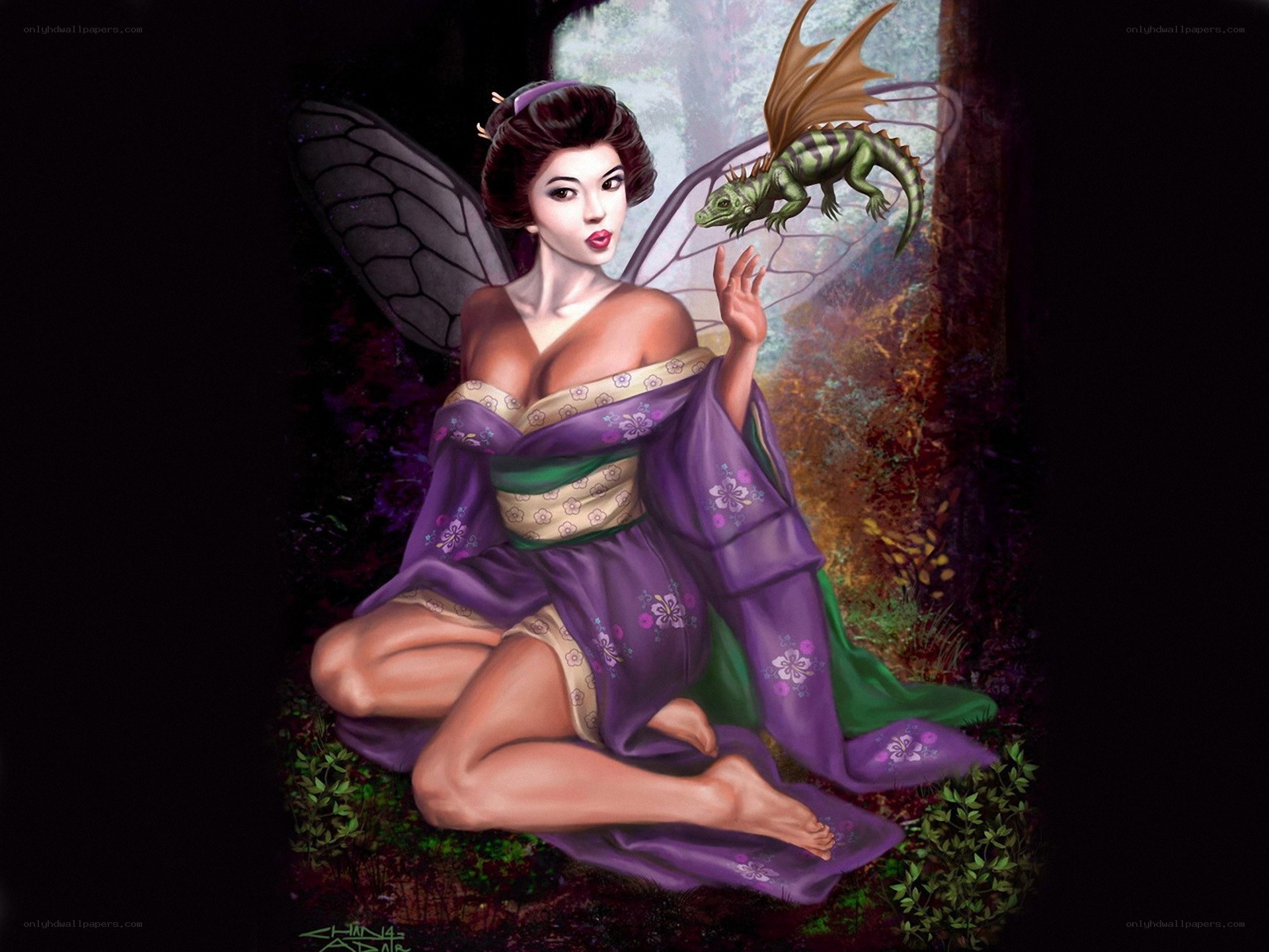 fairy with dragon in forest