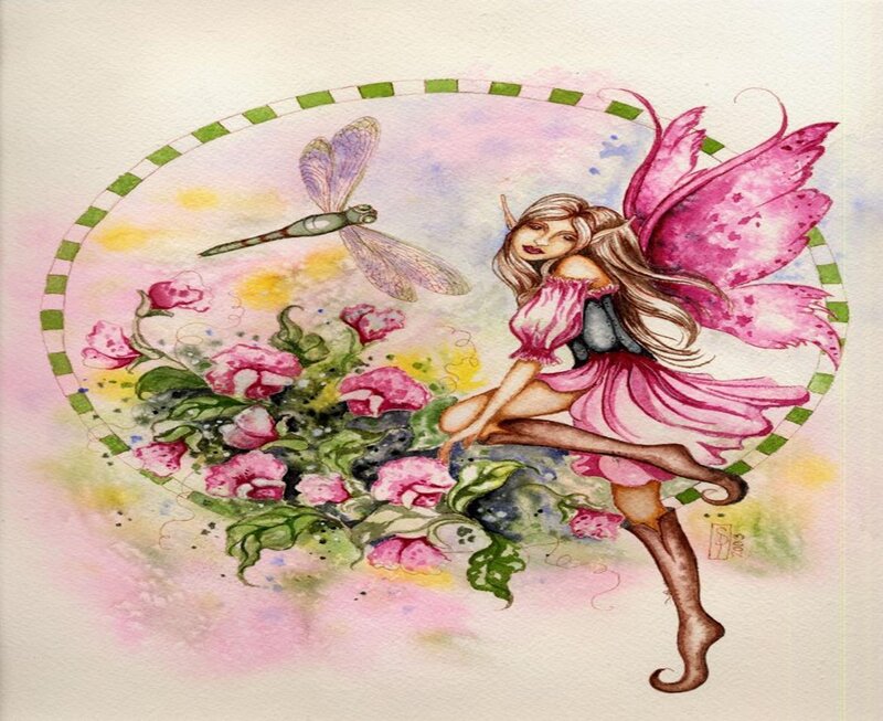 Fairy with dragonfly and flowers