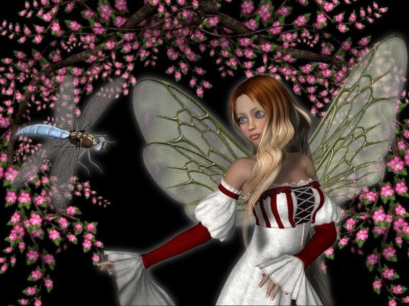 fairy with dragonfly in cherry blossoms