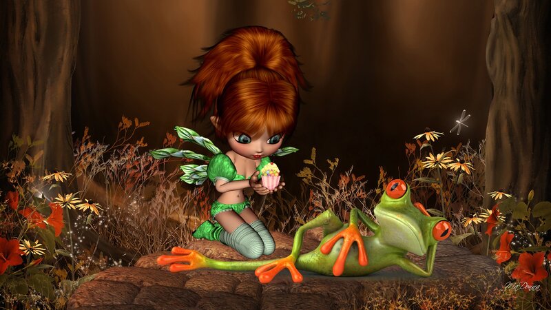 Fairy with Frog — Green, Whimsical